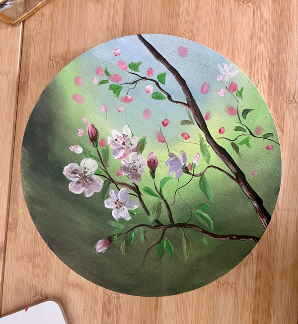 Blossoming Tranquility | Original acrylic painting on a round canvas